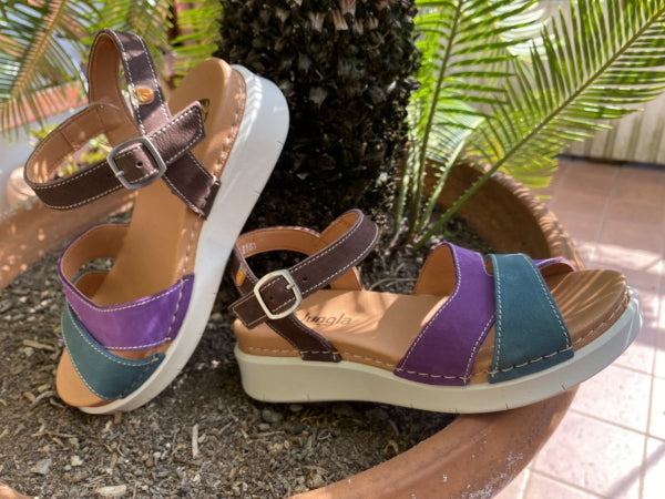 Jungla 8181 sandalo donna con zeppa in nabuk moro/viola/azzurro