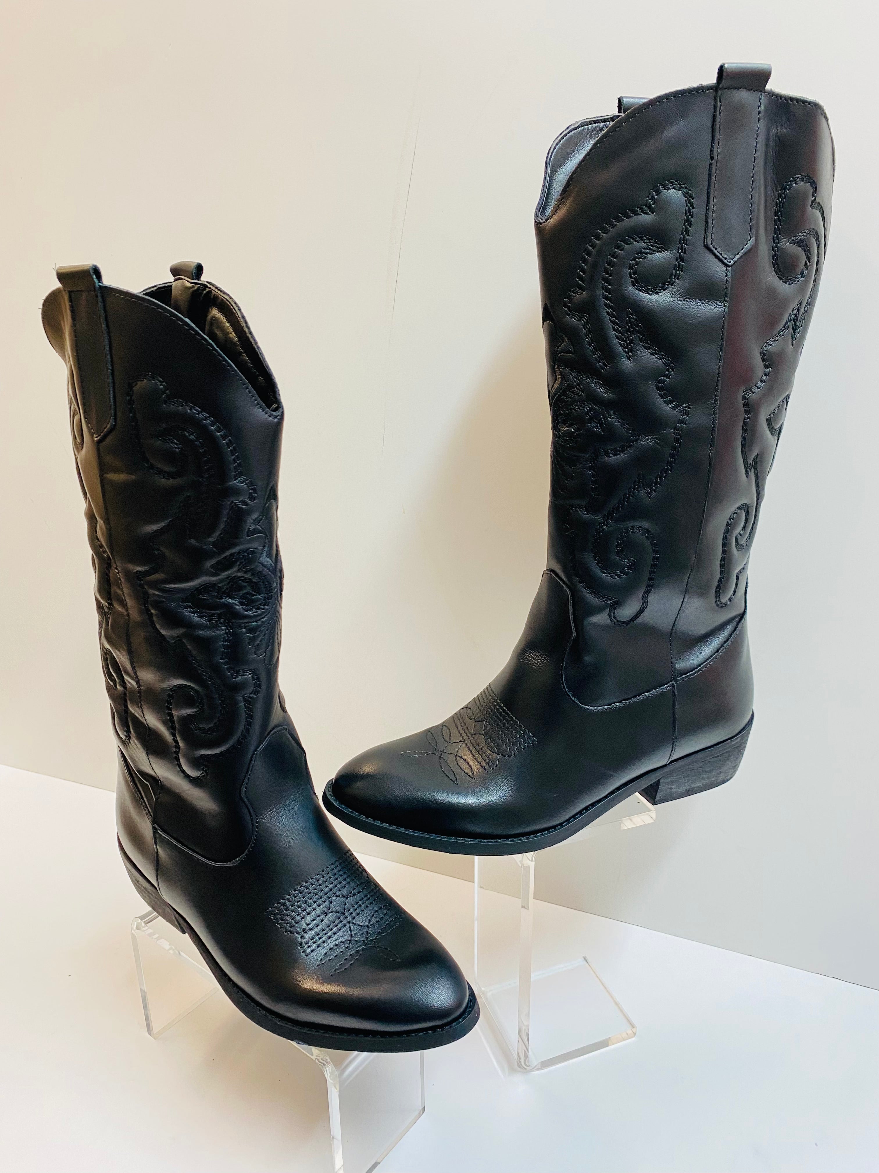Open Too S201 stivale texano in pelle nera con ricami