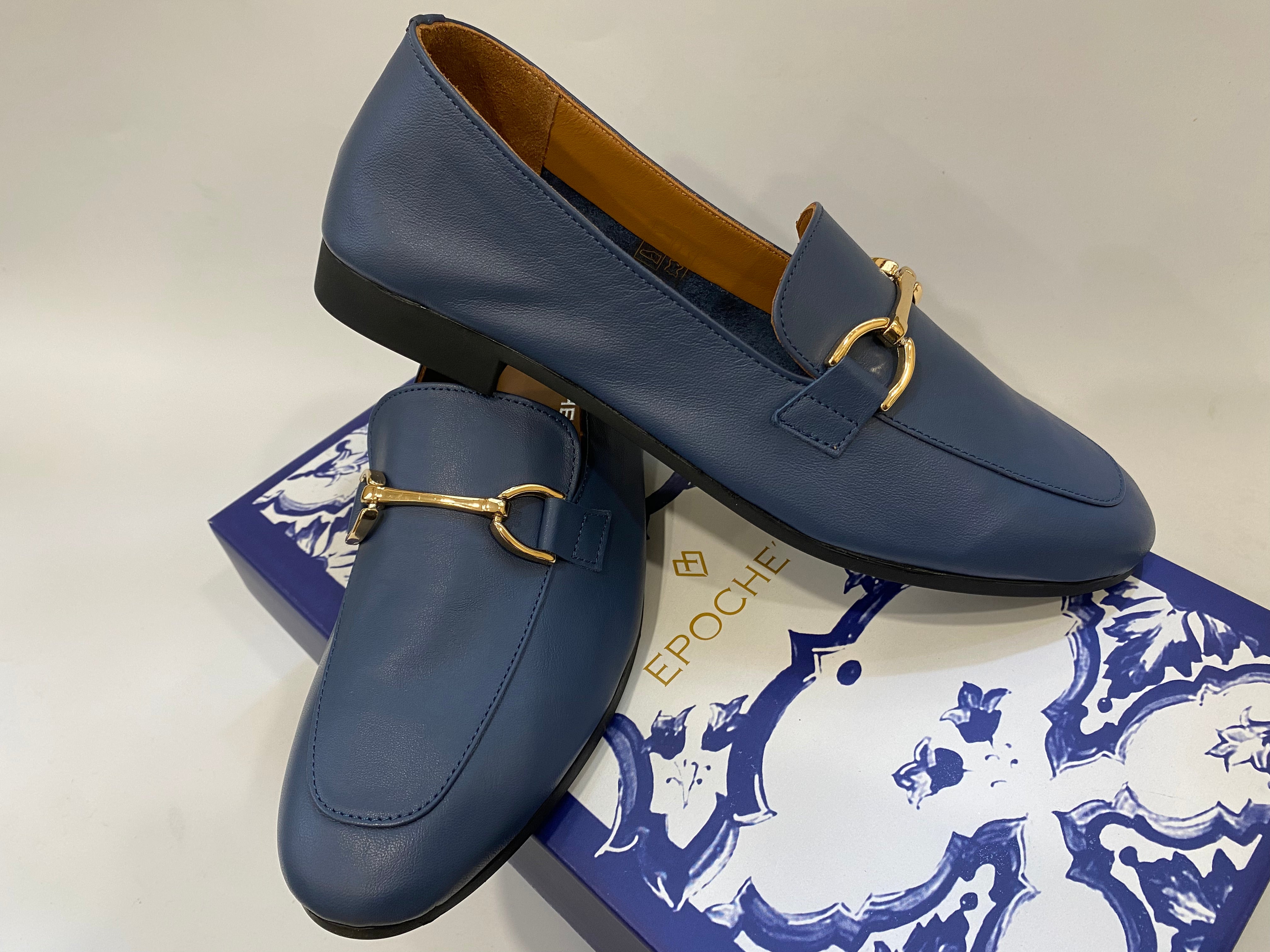 Epochè XI Napoli 29 mocassino basso donna in pelle blù navy con morsetto oro