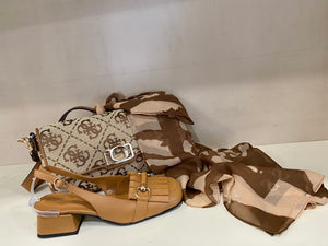 Epochè XI Venice 70 slingback donna a tacco medio in pelle cuoio con morsetto oro e frangie