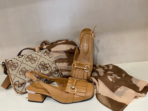Epochè XI Venice 70 slingback donna a tacco medio in pelle cuoio con morsetto oro e frangie
