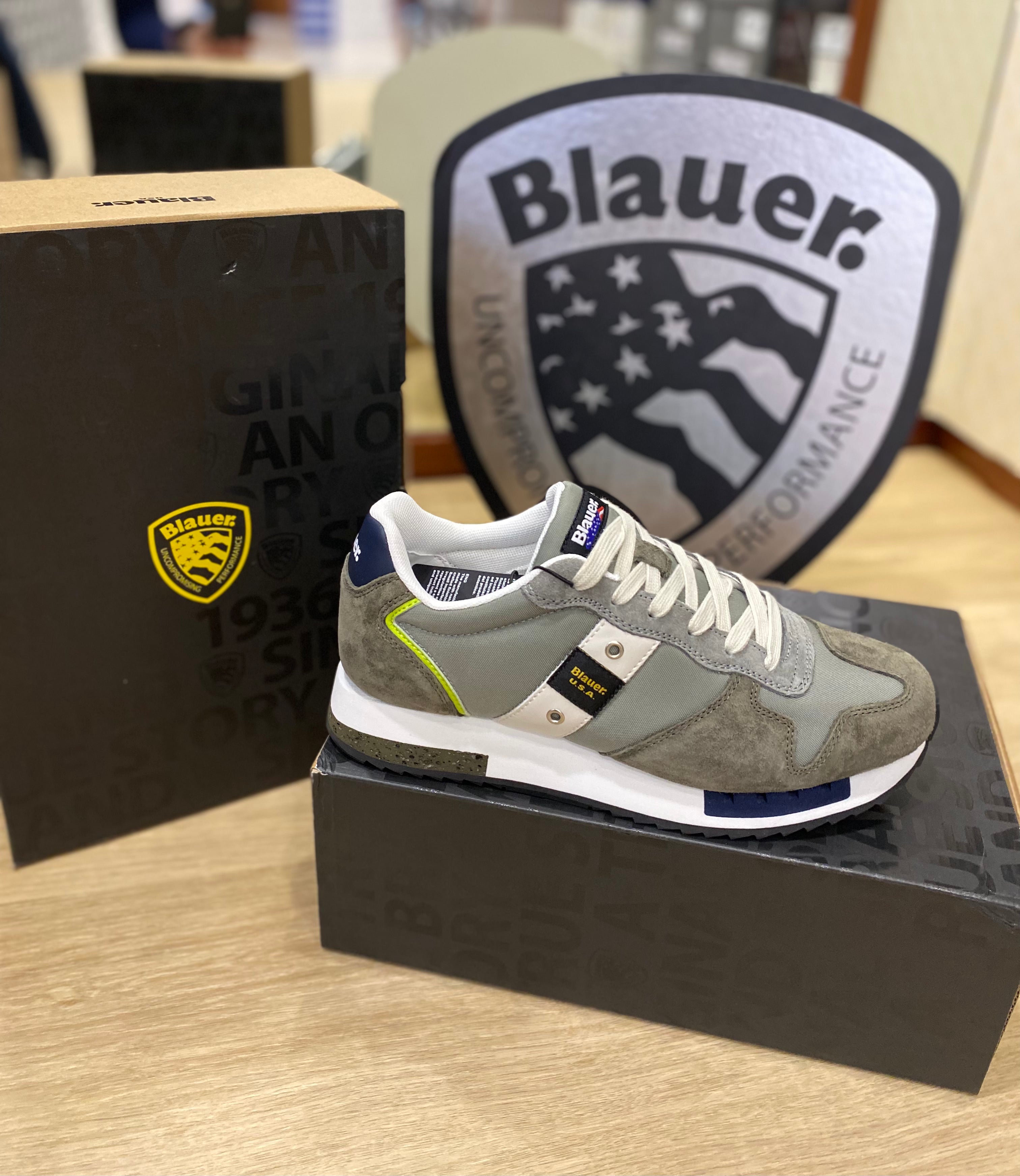 Blauer Queens 01 sneakers uomo in suede/mesh military/grey