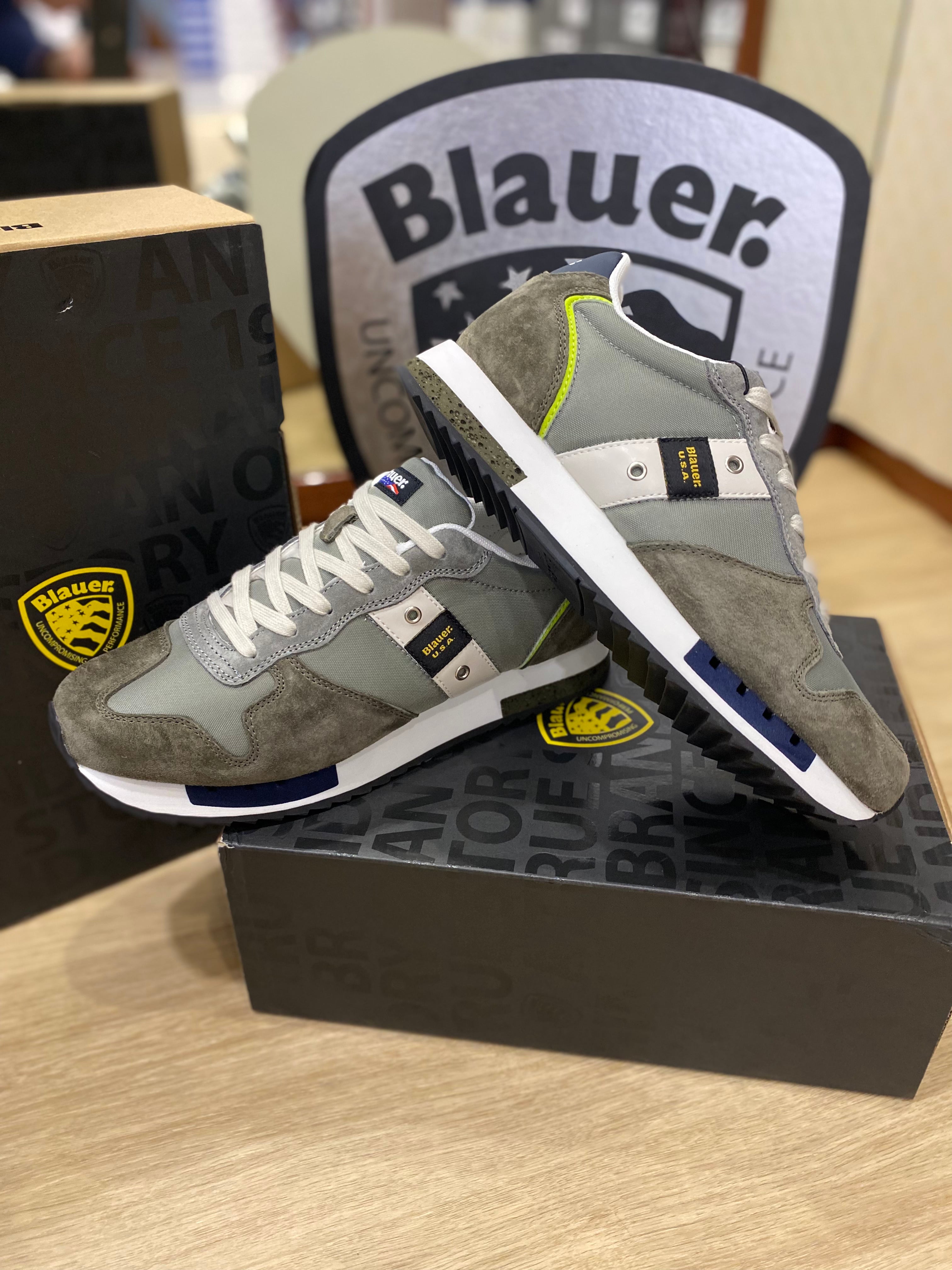 Blauer Queens 01 sneakers uomo in suede/mesh military/grey