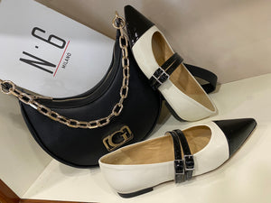 DM Delia 2253 dècolletè basso con doppia fibbia in pelle bianco/nero