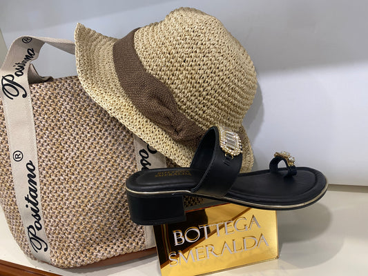 Bottega Smeralda 523LLQ sandalo infradito in pelle nero con accessori