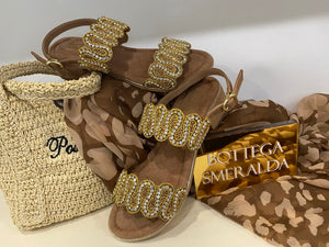 Bottega Smeralda 583SSQ sandalo due fasce con strass in pelle cuoio