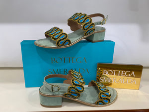 Bottega Smeralda 583SSQ sandalo due fasce con strass in pelle verde acqua