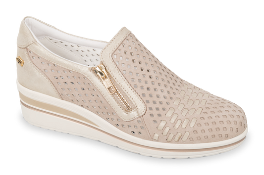 Valleverde 36213 mocassino sportivo in nabuk ecrù con zeppa