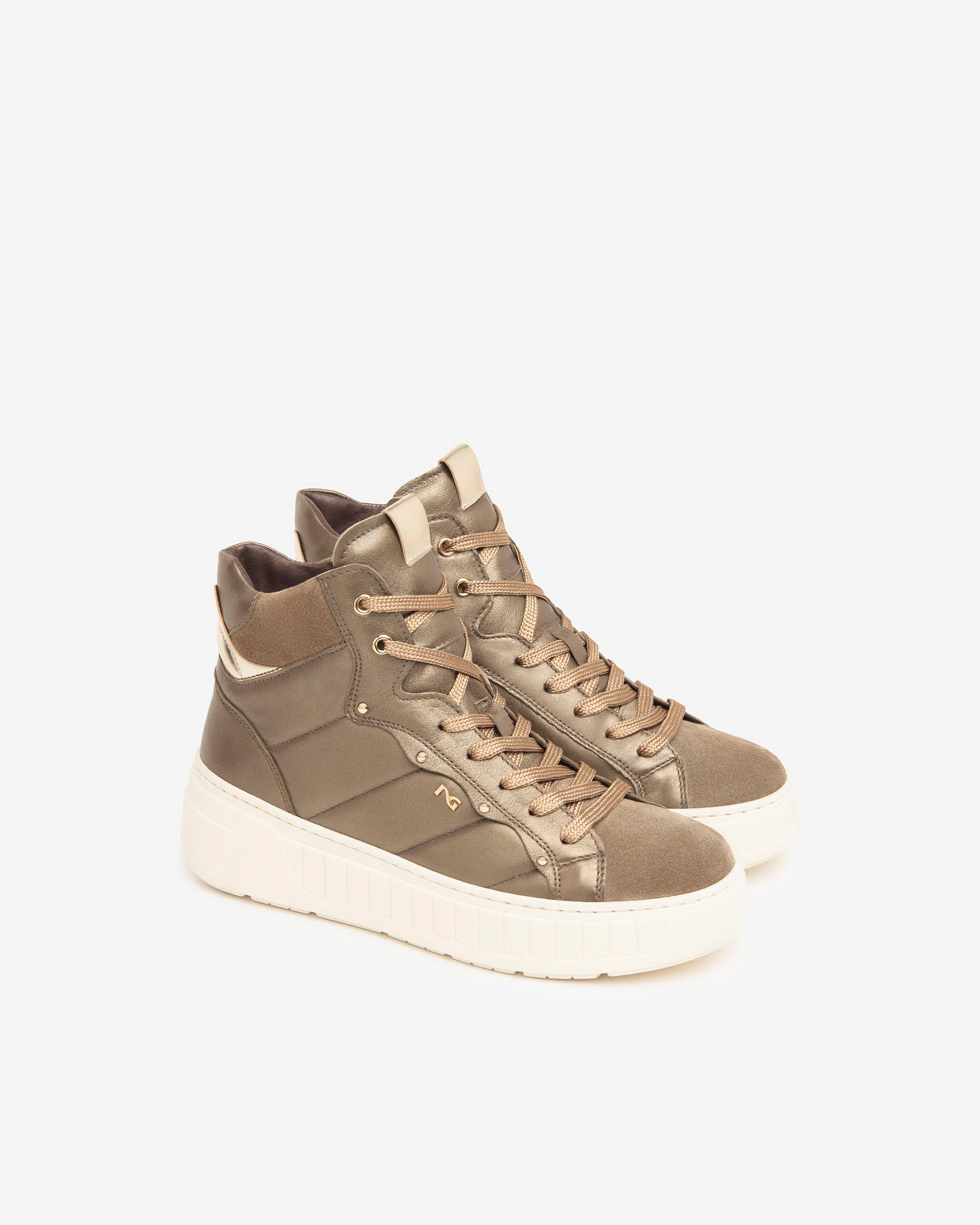 Nero Giardini I411634D Sneakers alta donna in camoscio, pelle e materiale beige